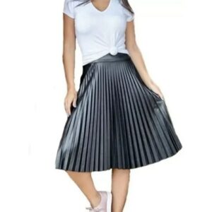 Saia Midi Plissada Cirrê Couro Sintético