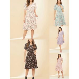 Vestido Plissado Estampado Flor Manga Curta