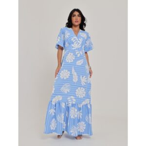 Vestido Longo Estampado Crepe Acinturado