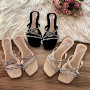 Sandália Rasteirinha Nobuk Strass Cruzado Feminina