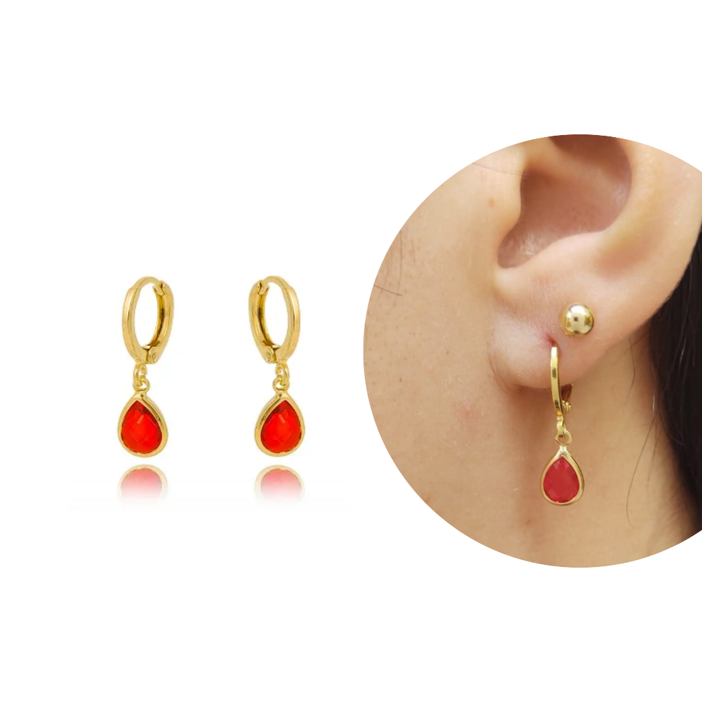 Brinco Argola Rubi Zirconia Folheado Ouro 1 Brinco Argola Rubi Zirconia Folheado Ouro