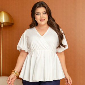 Blusa Plus Size Canelada Decote V Manga Sino