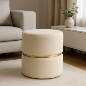 Puff Redondo Veludo Cinta Dourada 35cm