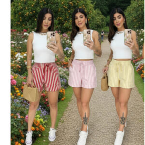 Short Feminino Linho Listrado Com Bolsos Verão
