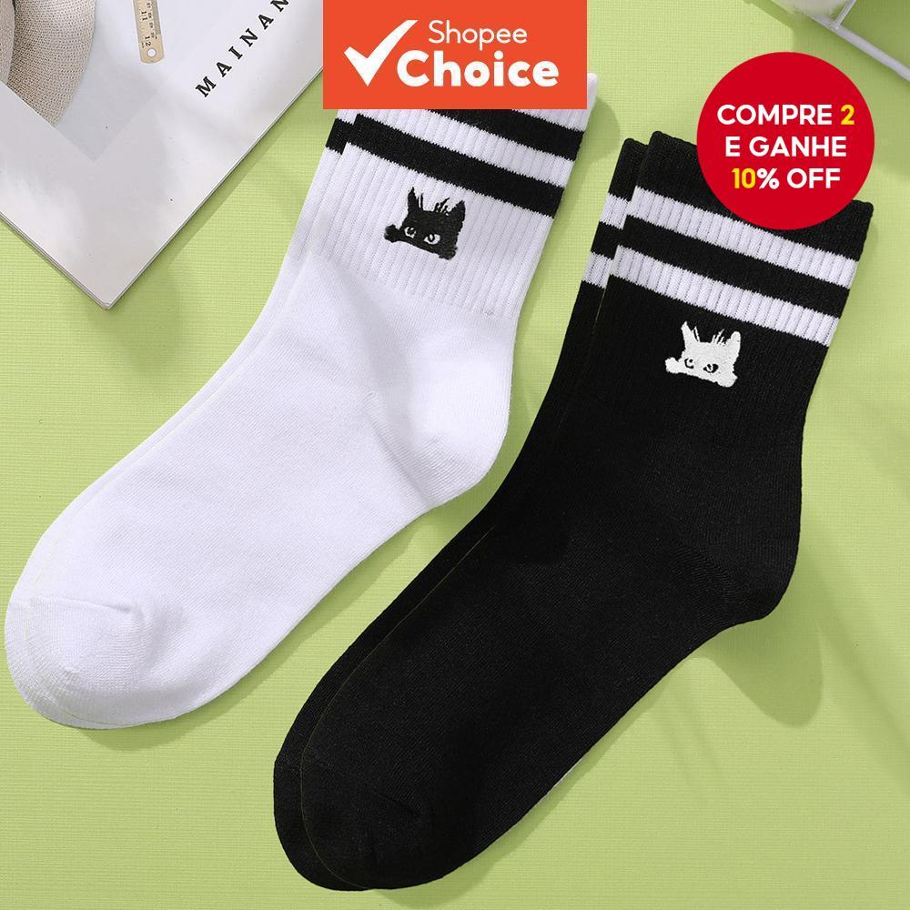 Meias Cano M?dio Salto Gatinho Coreano Preto/Branco 1 Meias Cano Médio Salto Gatinho Coreano Preto/Branco