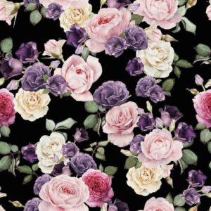 Papel de Parede Floral Preto Rosa Roxo 1,50m