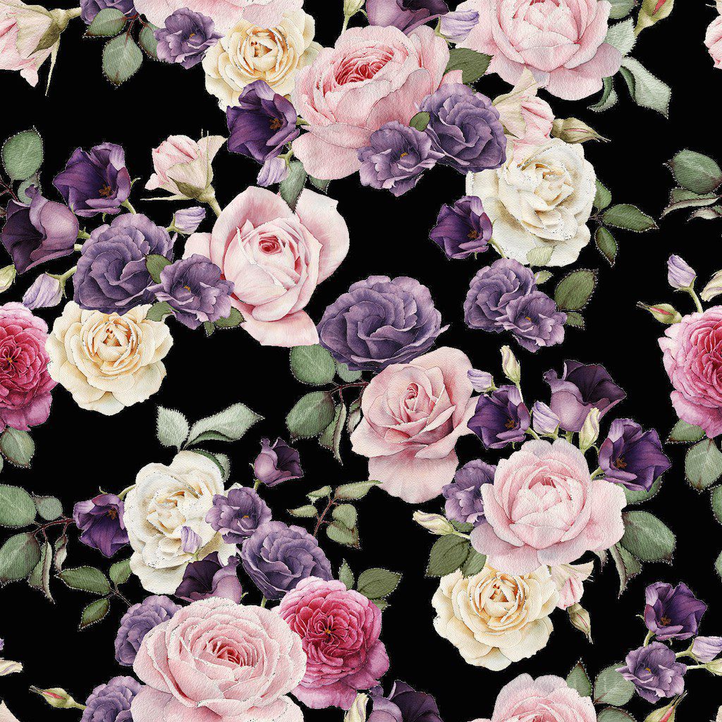 Papel de Parede Floral Preto Rosa Roxo 1,50m 1 Papel de Parede Floral Preto Rosa Roxo 1,50m