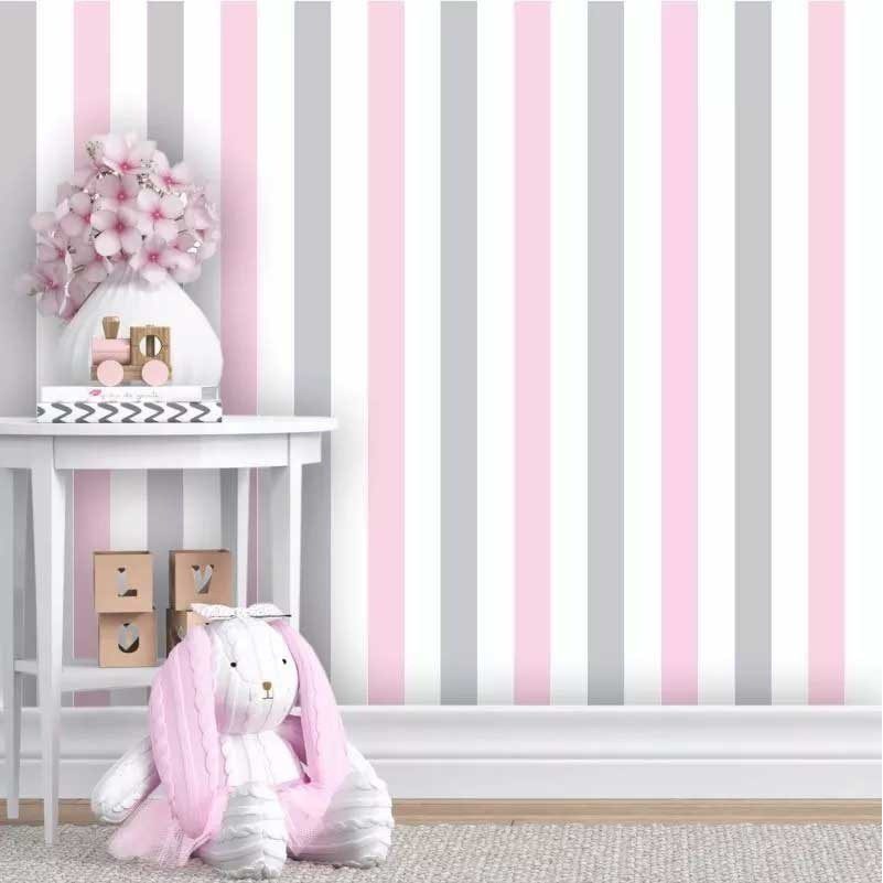 Papel de Parede Listrado Rosa Branco Cinza 1 Papel de Parede Listrado Rosa Branco Cinza