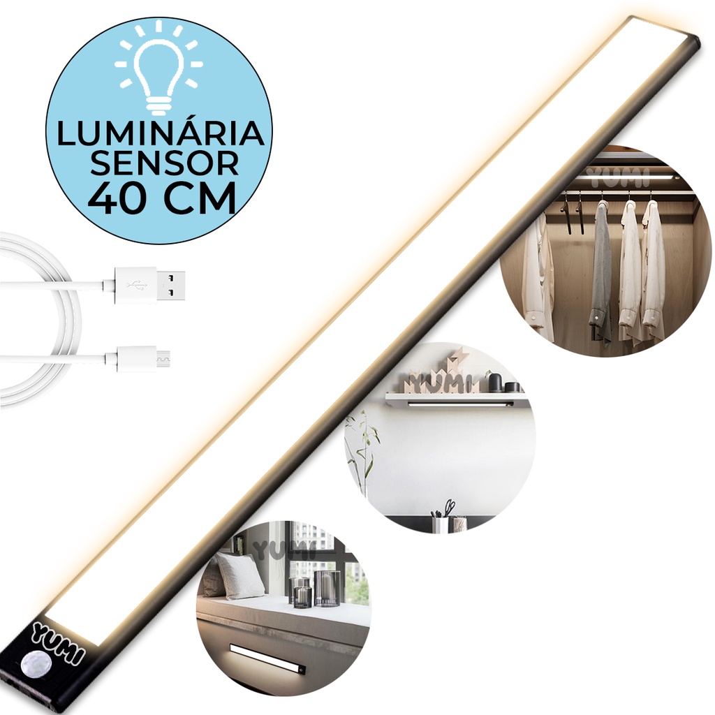 Lumin?ria Sensor Presen?a LED USB 1 Luminaria Barra 40 Cm Lampada Led Sem Fio Com Sensor Presença Spot Cozinha + Usb Recarregável Branco Frio ou Quente Tubular