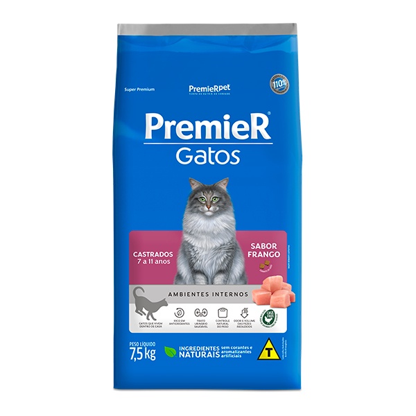 Ra??o Premier Gatos Castrados Frango 7.5kg 1 Ração Premier Ambientes Internos para Gatos Castrados de 7 à 11 anos de idade Sabor Frango - 7,5Kg