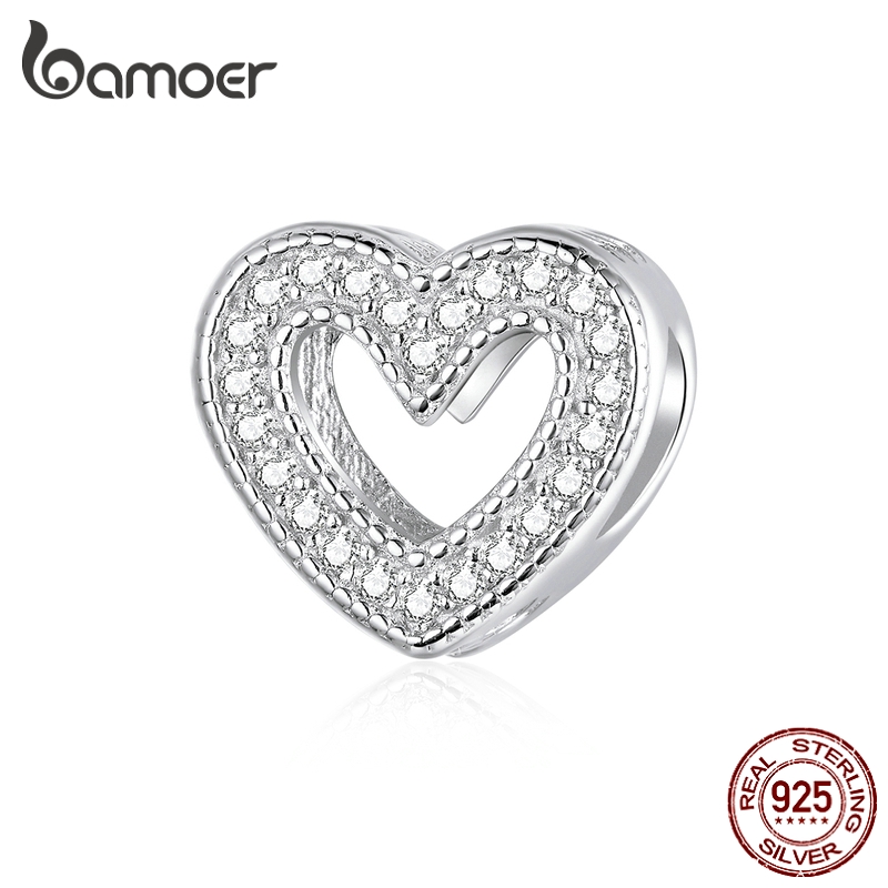 Charm?o de Prata 925 Cora??o Esculpido Bamoer 1 Bamoer Oco Design Esculpido Da Forma Do Coração Charme Prata Esterlina 925
