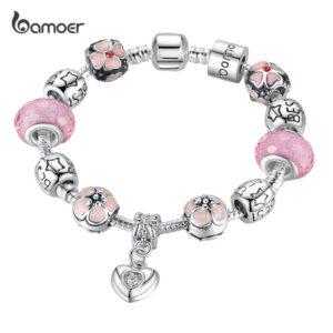 BAMOER Prata Banhado Charm Bracelet Com Pingente De Coração & Flor De Cerejeira Charme Rosa Contas De Vidro Murano Amizade Pulseira PA1459