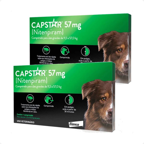 Capstar Antipulgas C?es - Controle R?pido 1 Kit 2 Antipulgas Elanco Capstar 57 mg para Cães acima de 11,4 Kg até 57 Kg - 1 Comprimido