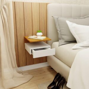 Mesa De Cabeceira Cor Branco E Madeira Freijó Mesinha Suspensa Com Gaveta e Prateleira MVD Móveis