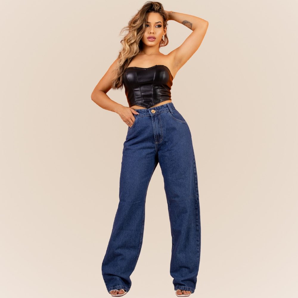 Cal?a Jeans Wide Leg Feminina Lisa Algod?o 1 Calça Jeans Wide Leg Feminina Lisa Algodão
