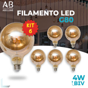 Kit 6 Lâmpada Filamento LED G80 4W E27 LUZ QUENTE (AMARELO) Âmbar Retrô Vintage 110V~220V | Bivolt