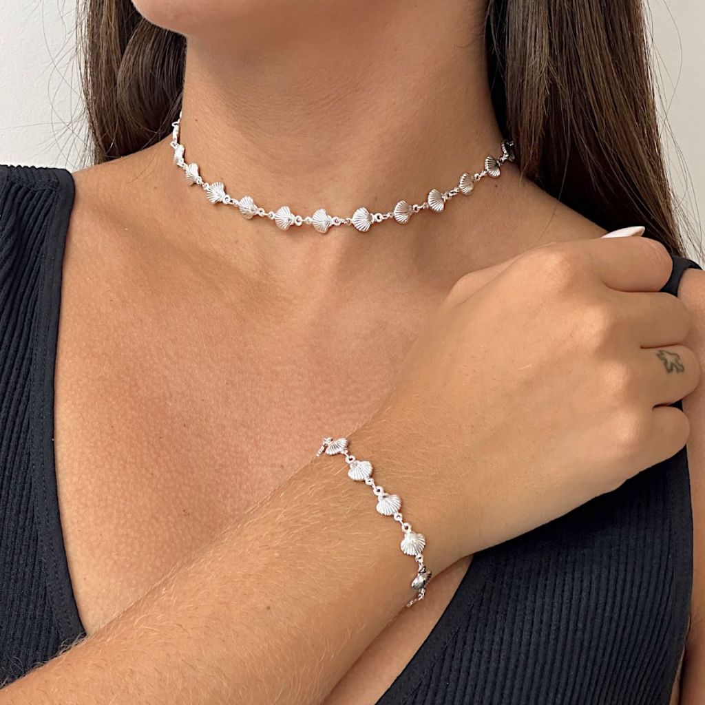 Kit Choker e Pulseira Prata 925 Conchinhas 1 Kit Choker e Pulseira Prata 925 Conchinhas