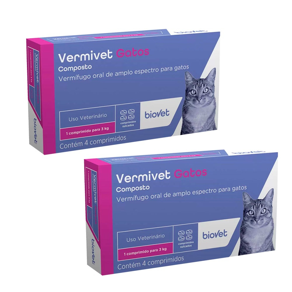 Vermivet Gatos - Verm?fugo para Gatos 1 Kit 2un. Vermífugo Vermivet Composto Para Gatos Biovet 4 Comprimidos
