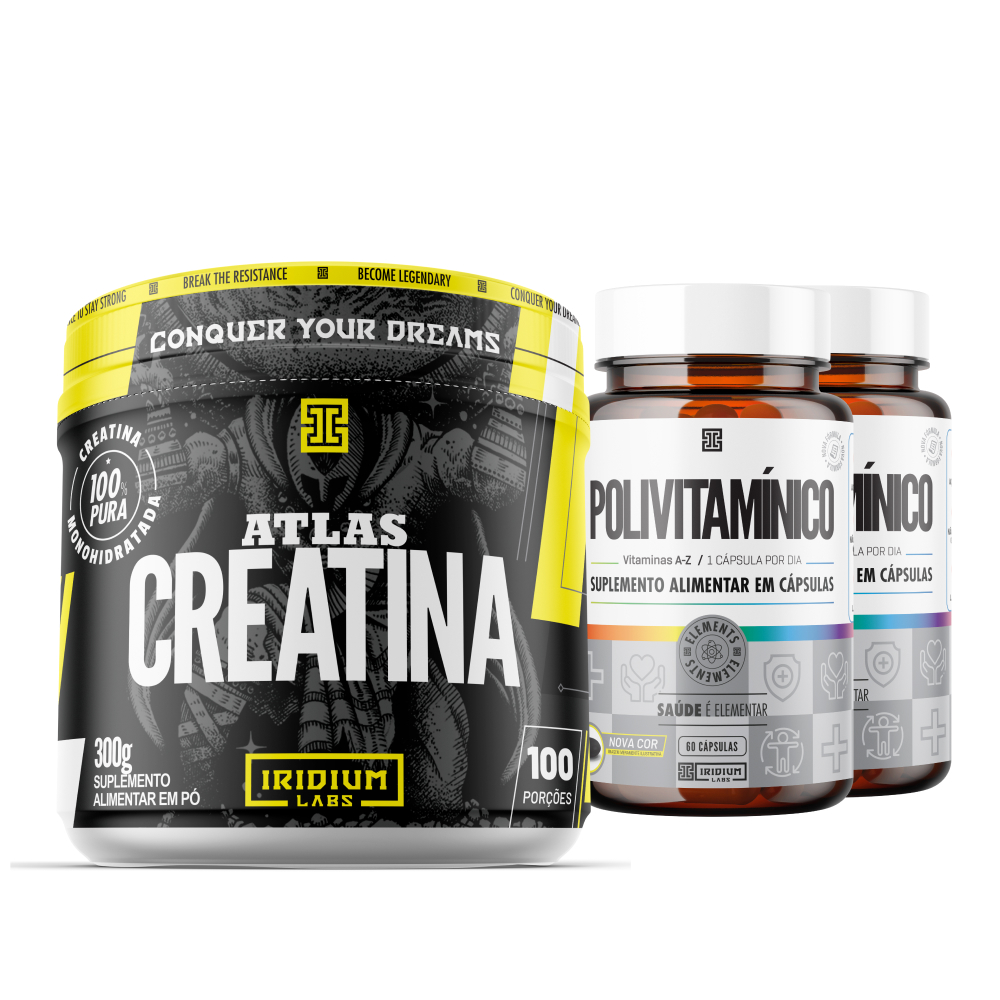 Kit Creatina + Polivitam?nico Iridium 1 Kit Creatina Atlas 300g + 2x Polivitamínico - Iridium Elements