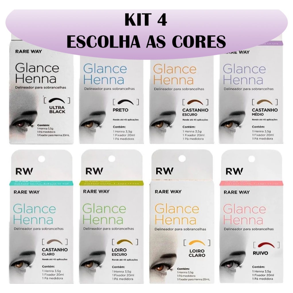 Kit 4 Hennas Glance Sobrancelhas Rare Way 1 Kit 4 Hennas Glance Para Sobrancelhas Rare Way 100% Natural