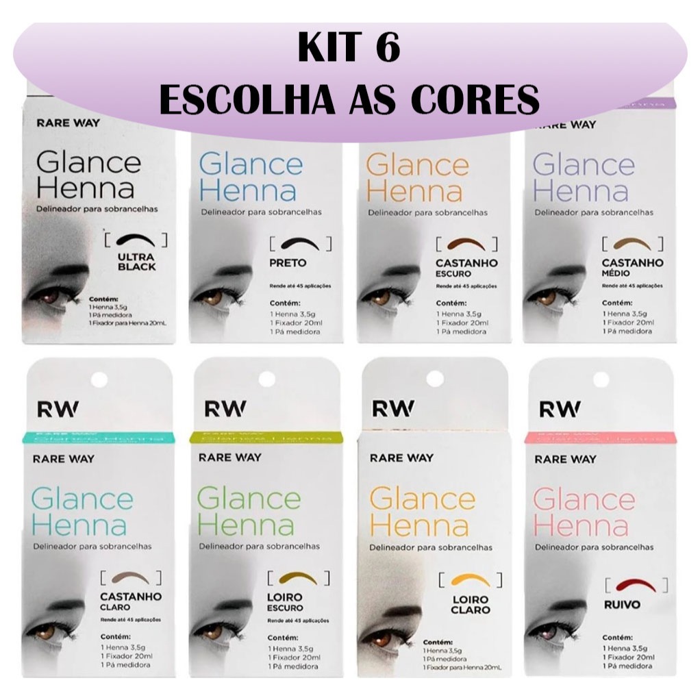 Kit 6 Hennas Glance Sobrancelhas Rare Way 1 Kit 6 Hennas Glance Para Sobrancelhas Rare Way 100% Natural