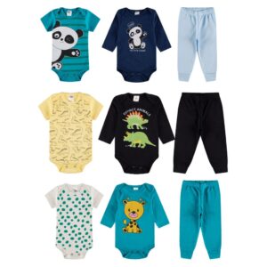 Kit 9 Body Bebê Menino (3 Body + 3 Calça Mijão)