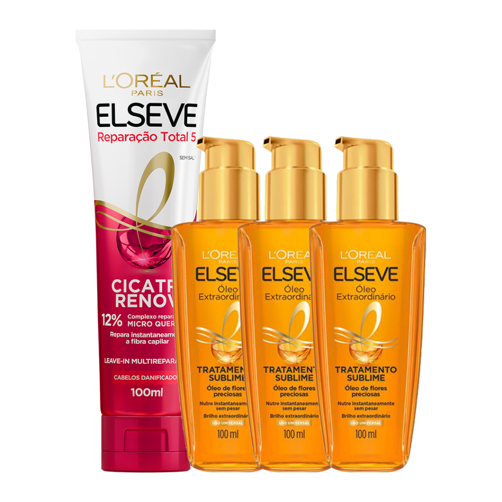 Kit 3 ?leos Elseve + Leave-In Repara??o Total 1 Kit 3 Óleos Extraordinarios para Cabelos Elseve Loreal Paris, 100ml + Leave-In Elseve Reparação Total 5 Cicatri 100ml