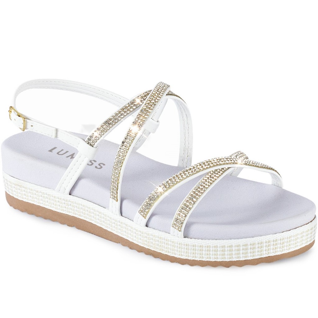 Sand?lia Papete Lumiss Flatform Strass 1 Sandália Papete Feminina Lumiss Flatform Confortável Tiras Strass Brilho Branco