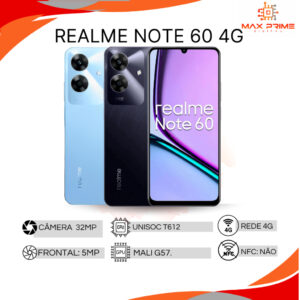Realme Note 60 4G, Armazenamento 128GB/4GB RAM, Processador Unisoc T612, Câmera 32MP, Bateria 500Mah, Versão Global