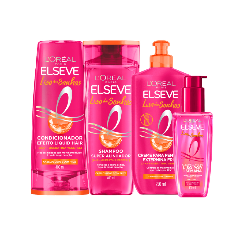 Kit Liso dos Sonhos Elseve - Shampoo, Condicionador e Mais 1 Kit Elseve Liso Dos Sonhos Shampoo 400ml, Condicionador 400ml, Creme Para Pentear 250ml e Sérum 100ml Liso dos Sonhos