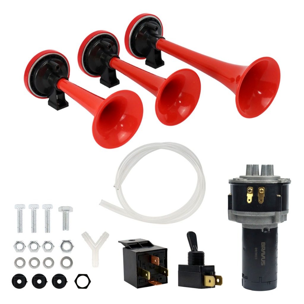Buzina Ar Pneum?tico 3 Cornetas 12V 1 Buzina Ar Pneumática 3 Cornetas Ar Comprimido Verdureiro Com Rele e Compressor Vermelha Universal