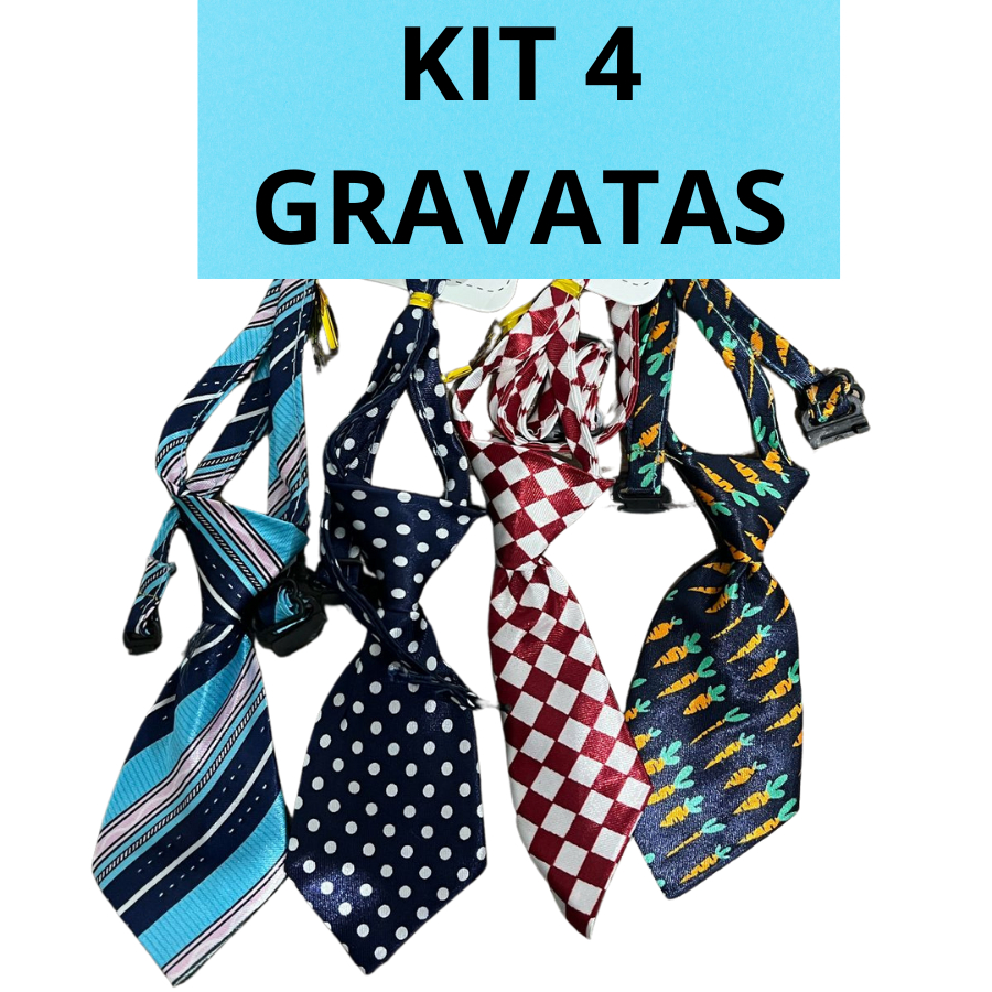 Gravatas de Cetim para Cachorro - Kit 4 Cores 1 Kit de 4 gravatas de cetim coloridas para cachorro, exibindo as cores azul celeste, vermelho vivo, rosa chiclete e preto clássico. As gravatas possuem um elástico na parte de trás para fácil fixação em coleiras, e estão dispostas sobre um fundo claro, destacando a textura brilhante do cetim e a variedade de opções para estilizar pets de pequeno a médio porte em diversas ocasiões.