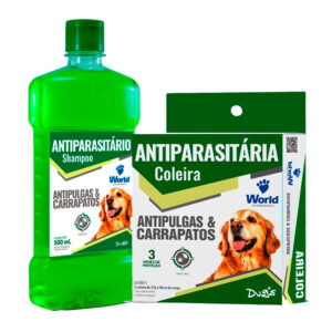 Kit Antiparasitário Dugs World Para Cães Shampoo 500ml + Coleira 56cm