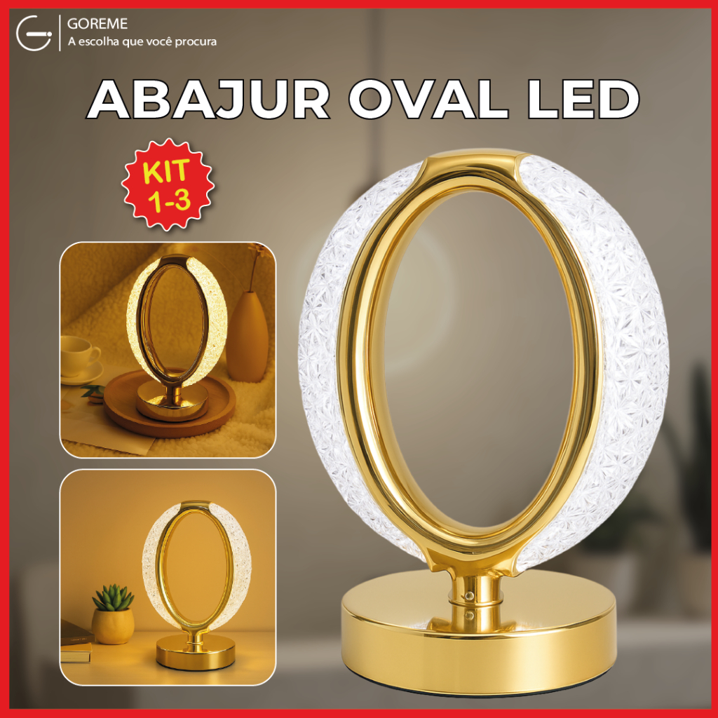 Abajur Oval Cristal Dourado LED 3 Cores USB 1 Luminária Abajur Oval de Cristal Luxuoso Dourado Led Moderno 3 Tons de Luz via USB Bivolt