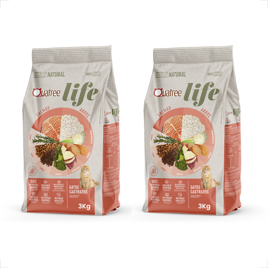Ra??o Quatree Gatos Castrados Salm?o 3kg 1 Kit 2 Ração Quatree Life Gatos Castrados Salmão e Arroz - 3Kg
