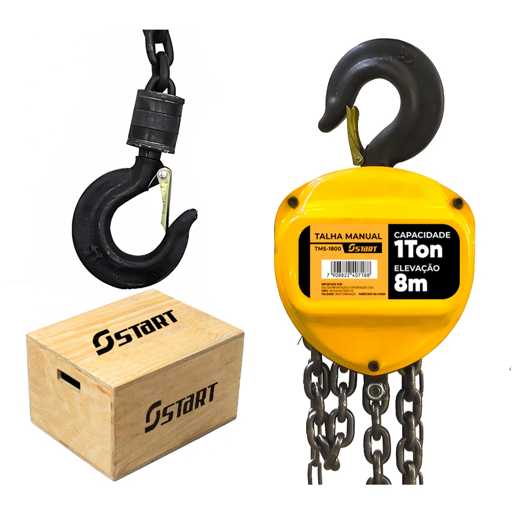 Talha Manual 1 Tonelada Start TS1800 1 Talha Manual 1 Tonelada 1000 Kg Com Corrente 8 Metros E Freio Duplo Start