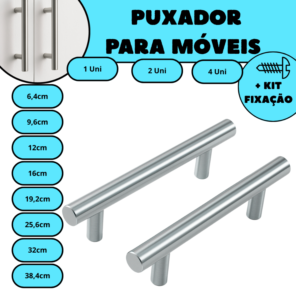 Puxador Inox Escovado Tubular para Gavetas e Arm?rios 1 Puxador Inox Escovado Tubular para Gavetas e Armários