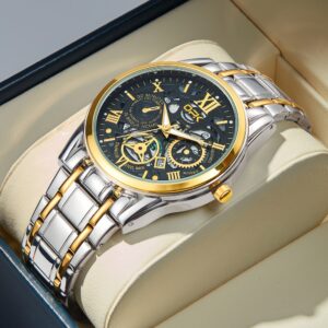 OPK Relógio Masculino Luminoso Design Oco Caixa Calendário Clasp A Prova D água Dourado Preto 8135
