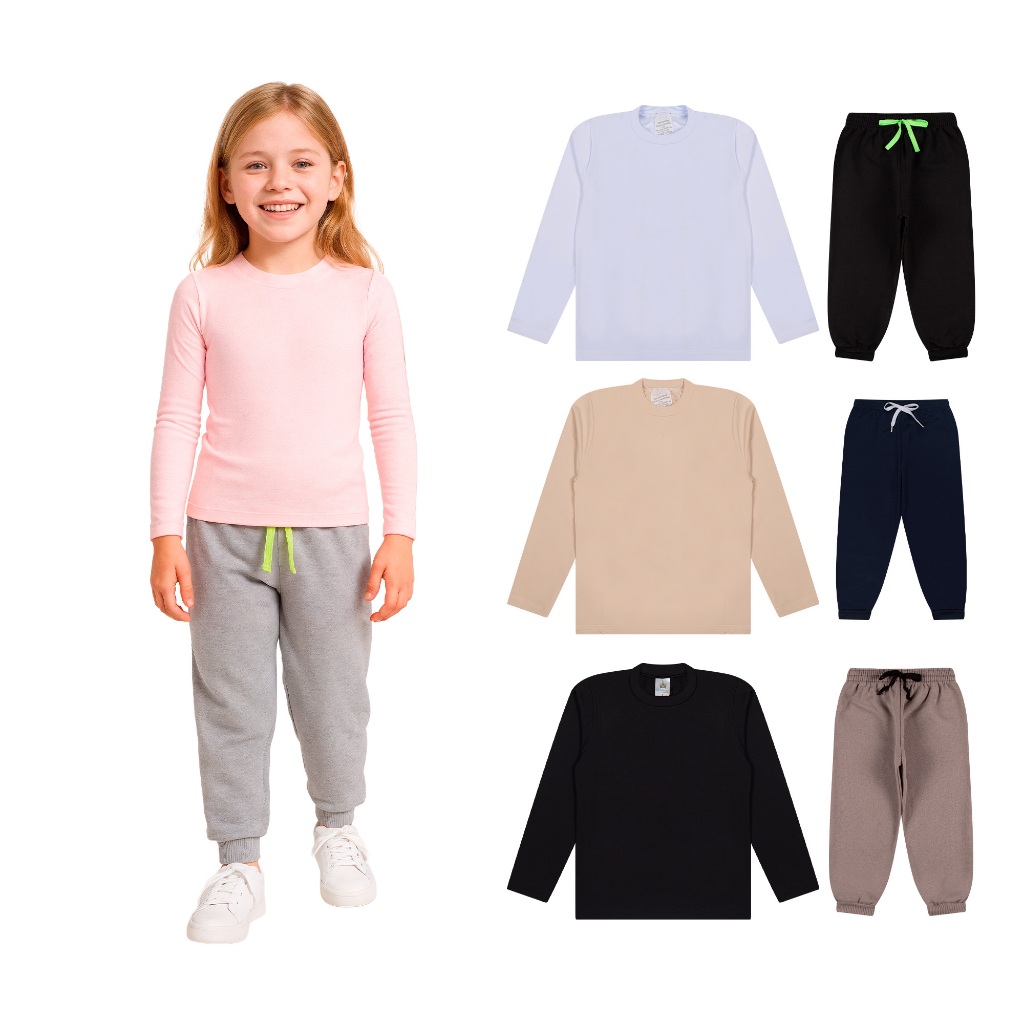 Kit Infantil T?rmica Moletom - Conforto e Estilo para o Inverno 1 Kit 4 ou 8 Peças Conjunto Blusa Térmica Manga longa e Calça Moletom Menina Infantil Meia Estação Bebê Roupa Inverno