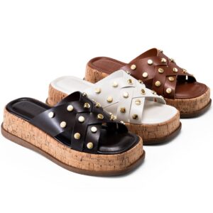 Sandália Feminina Lumiss Flatform Tachas Rebite Dourado Cortiça Confortável