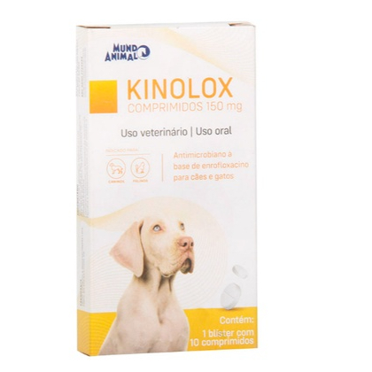 Comprimidos palatáveis de Kinolox 150mg da Mundo Animal para cães e gatos, embalagem verde e branca com a imagem de um cão e um gato, indicando o uso veterinário do antibiótico Enrofloxacina em 2026.