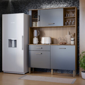 Armário de Cozinha Verona 120cm Balcão e Aéreo MDF MDP com Nicho Ripado Branco Damasco Grafite
