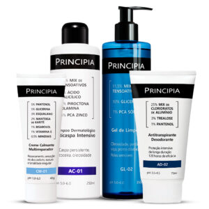 Principia Kit c/ Shampoo Anti Caspa + Antitranspirante AD-02 + Gel de Limpeza GL-02 + Creme Calmante CM-10