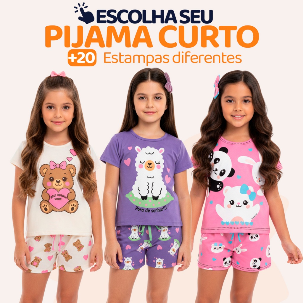 Pijama Infantil Menina Ver?o Manga Curta - Estampas Fofas 1 Pijama Infantil Menina Manga Curta com Estampas Fofas e Conforto Roupa de dormir Infantil Feminino Verão Calor. L06