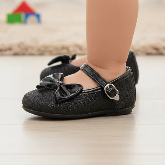 Sapatilha Nen?m Preta La?o Confort?vel 1 Sapatilha Neném Menina Preta Com Laço Confortável