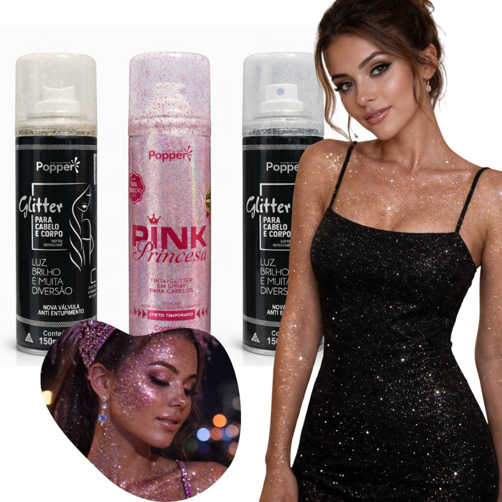 Spray Glitter Popper 150ml - Festa e Carnaval 1 Spray Glitter Popper 150ml Para Cabelo Corpo e Roupa Válvula Anti-Entupimento Festa Carnaval