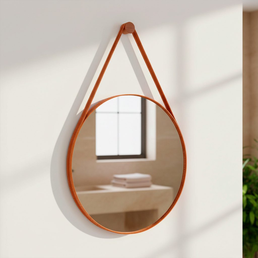 Espelho Grande Redondo Parede 60cm Couro 1 Espelho Grande Redondo De Parede Para Lavabo Quarto Sala Banheiro C/ Alça Em Couro 60cm + Suporte