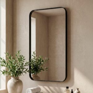 Espelho de Banheiro Retângular Sala Quarto Apartamento Achadinho Minimalista Moldura Couro 110x50cm