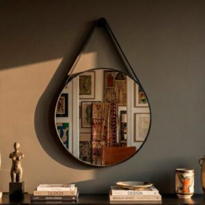 Espelho Adnet Redondo Decorativo 50 cm com Alça em Couro Orgânico e Costura Dupla - Pino de Fixação