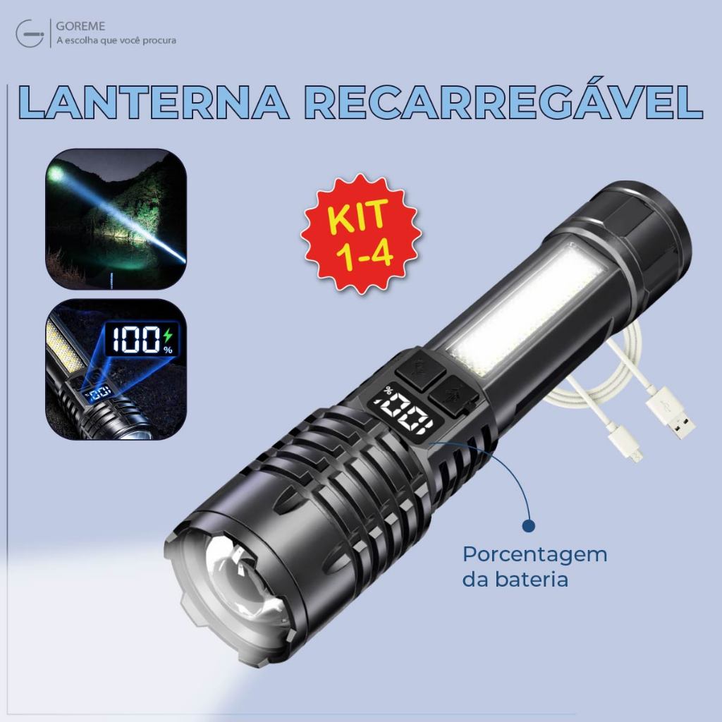 Lanterna LED Recarreg?vel USB Bivolt 1 Lanterna Recarregável Led com painel status de bateria carregador USB Bivolt